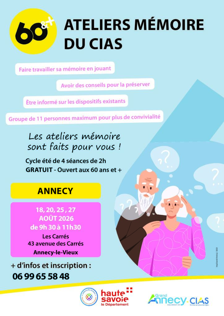 Mardis et jeudis 18, 20, 25 et 27 août : de 9h30 à 11h30 ATELIERS MÉMOIRE – séniors
